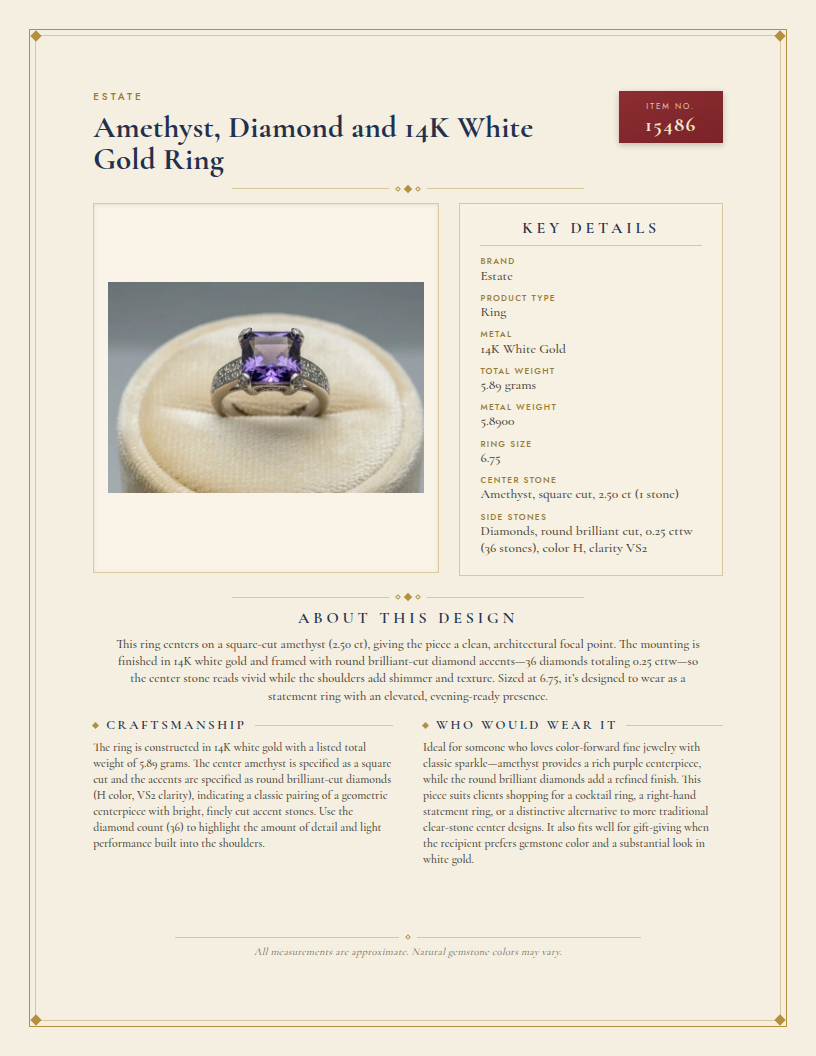 Amethyst, Diamond and 14K White Gold Ring — anatomy card