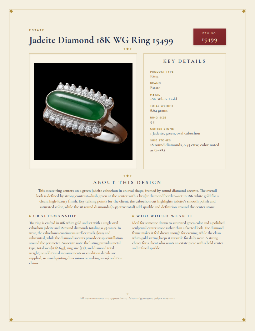 Estate Jadeite Diamond 18K WG Ring 15499 — anatomy card