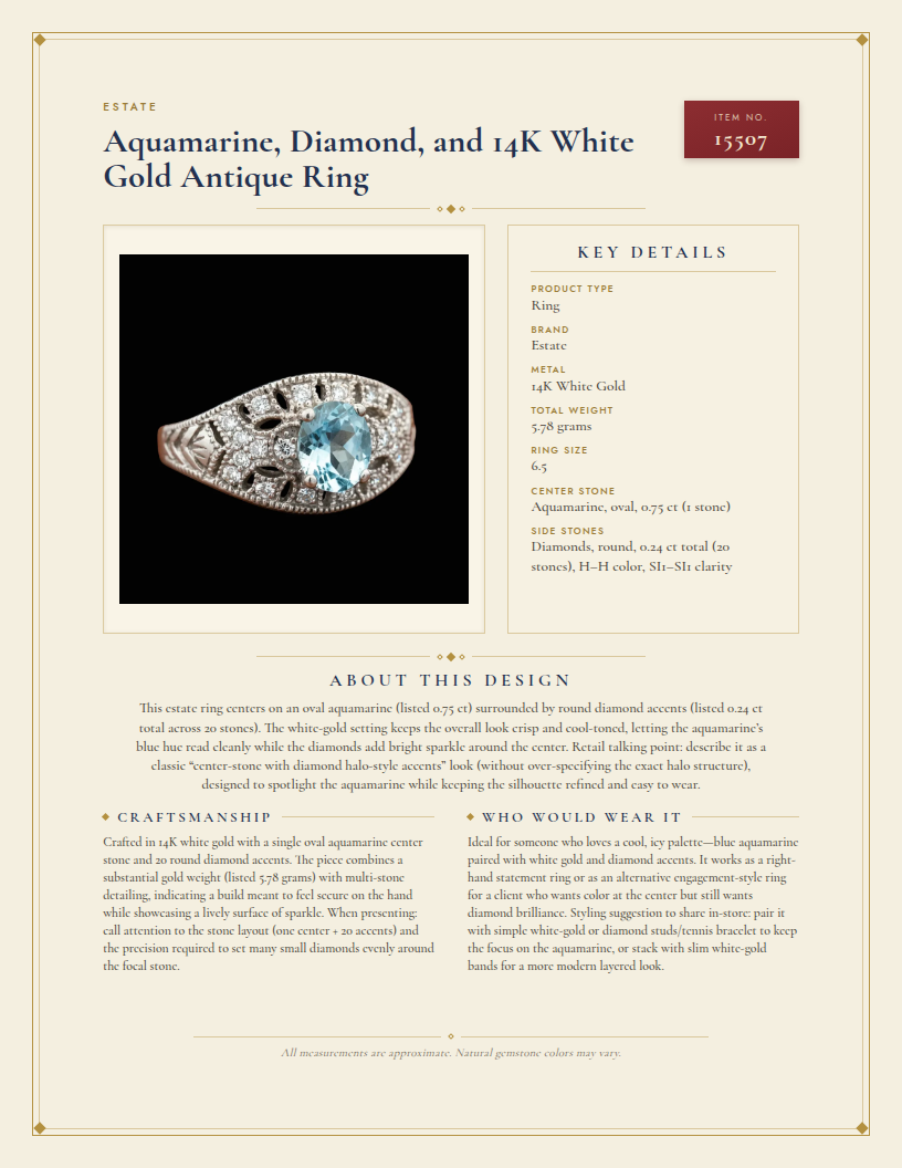 Aquamarine, Diamond,  and 14K White Gold Antique Ring — anatomy card