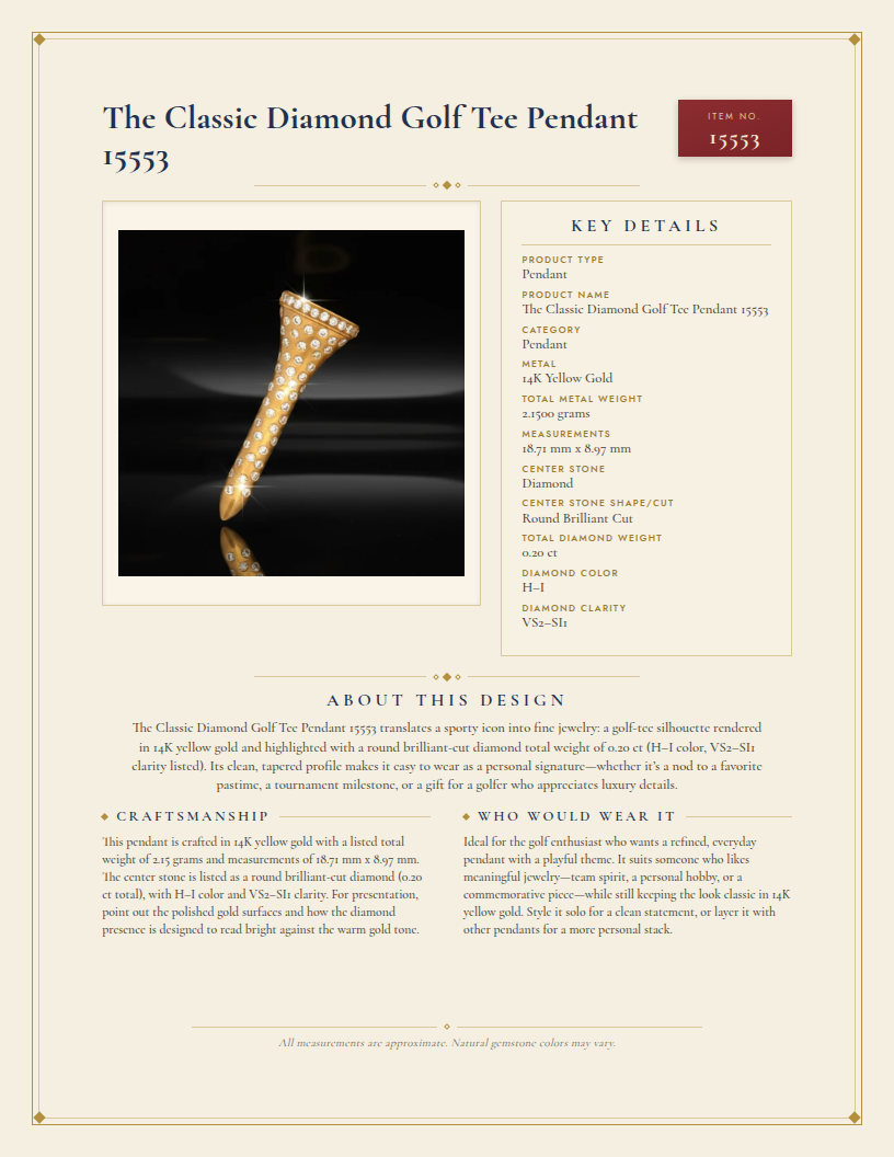 The Classic Diamond Golf Tee Pendant 15553 — anatomy card