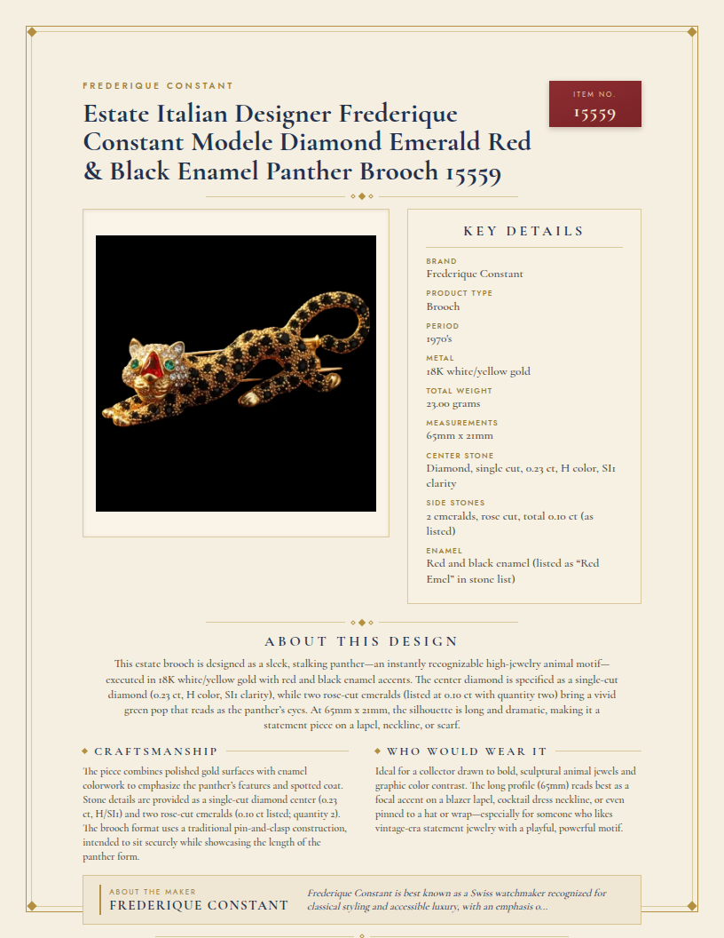 Estate Italian Designer Frederique Constant Modele Diamond Emerald Red & Black Enamel Panther Brooch 15559 — anatomy card