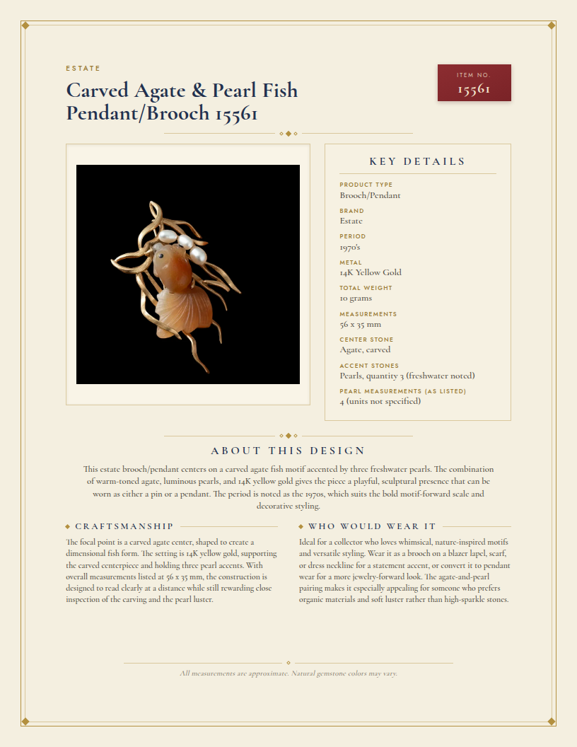 Estate Carved Agate & Pearl Fish Pendant/Brooch 15561 — anatomy card