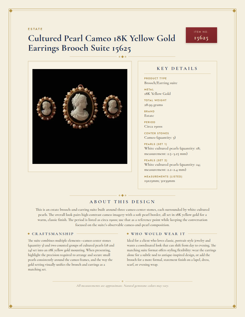 Estate Cultured Pearl Cameo 18K Yellow Gold Earrings Brooch Suite 15625 — anatomy card
