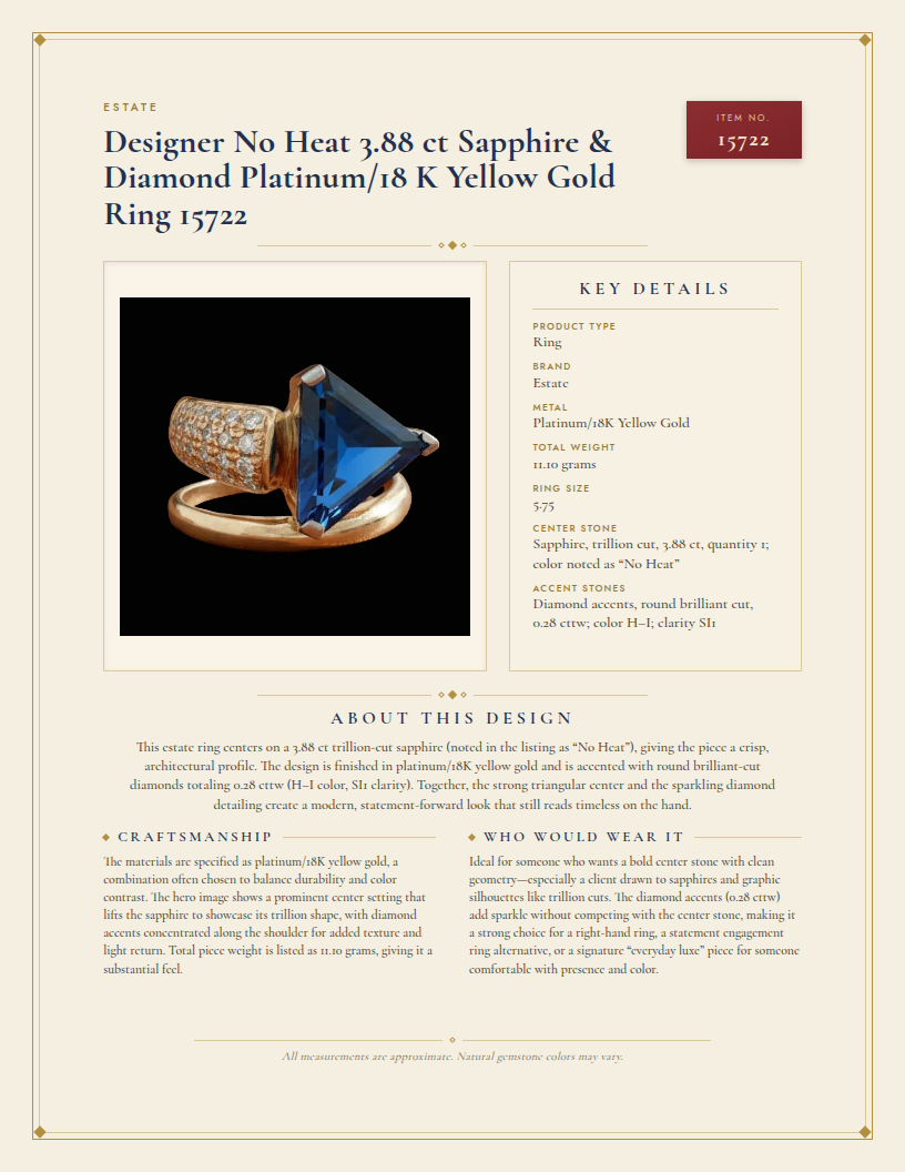 Estate Designer No Heat 3.88 ct Sapphire & Diamond Platinum/18 K Yellow Gold Ring 15722 — anatomy card