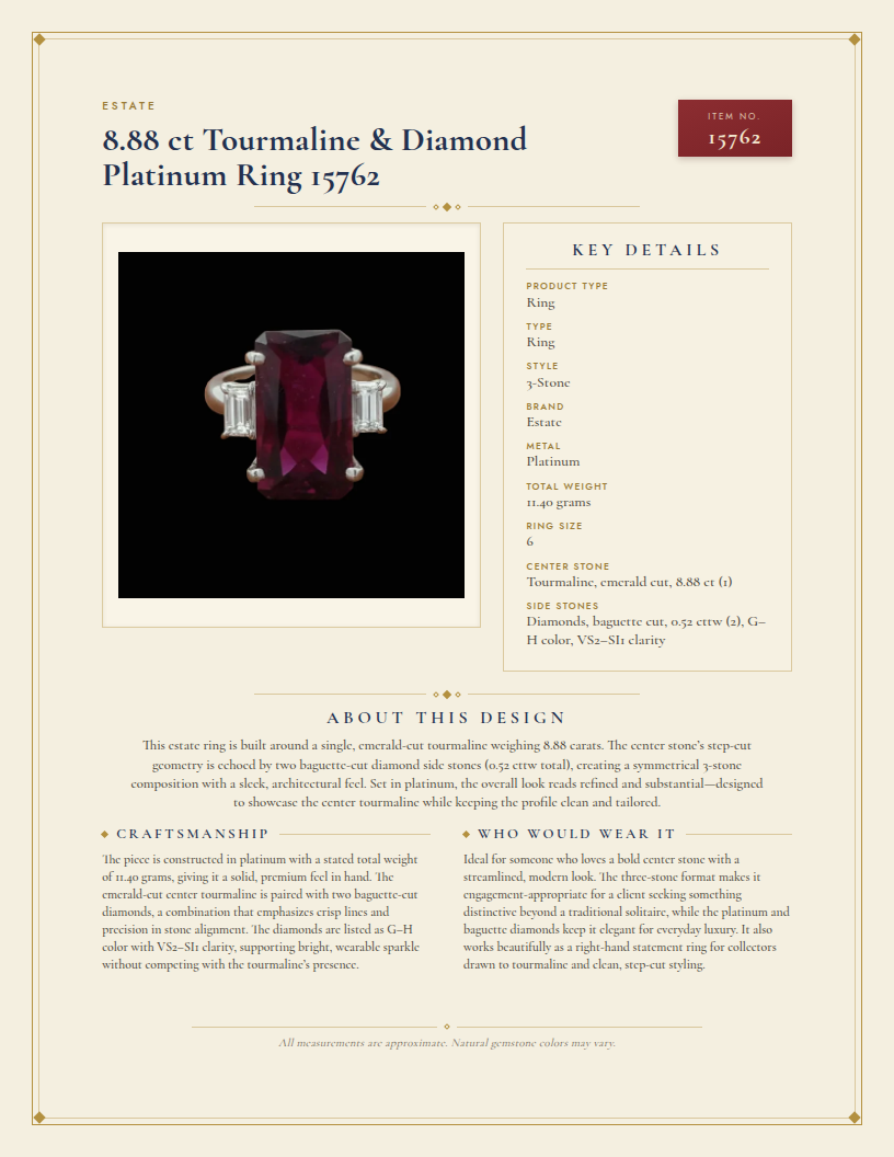 Estate 8.88 ct Tourmaline & Diamond Platinum Ring 15762 — anatomy card