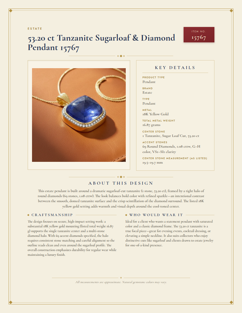 Estate 53.20 ct Tanzanite Sugarloaf & Diamond Pendant 15767 — anatomy card