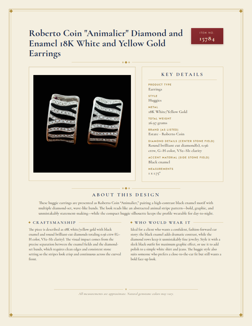 Roberto Coin "Animalier" Diamond and Enamel 18K White and Yellow Gold Earrings — anatomy card