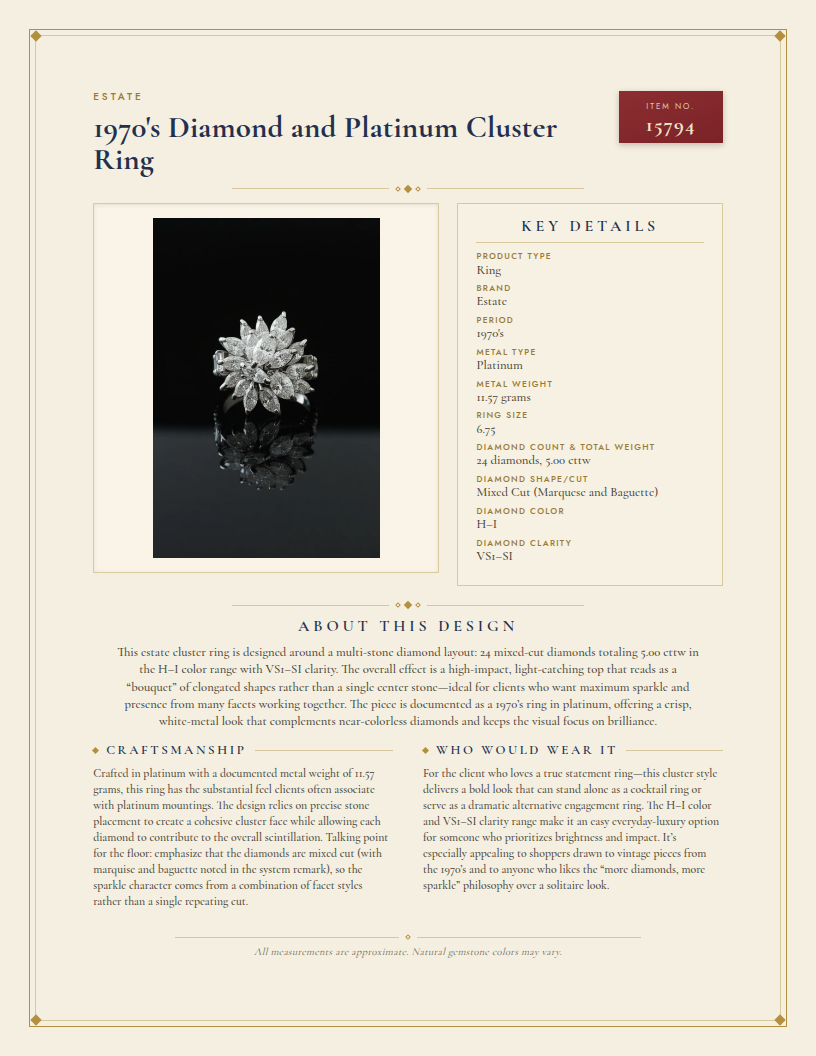 1970's Diamond and Platinum Cluster Ring — anatomy card