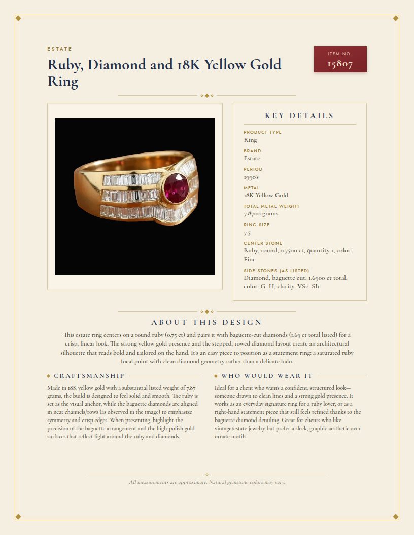 Ruby, Diamond and 18K Yellow Gold Ring — anatomy card