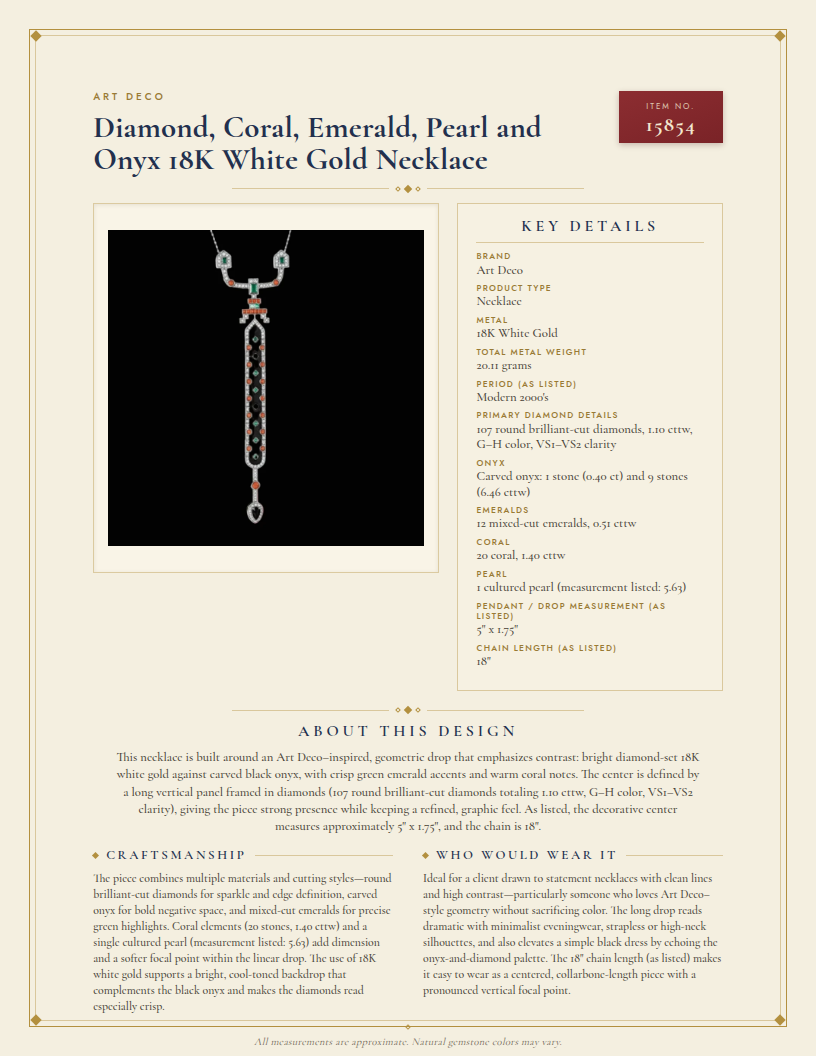 Diamond, Coral, Emerald, Pearl and Onyx 18K White Gold Necklace — anatomy card