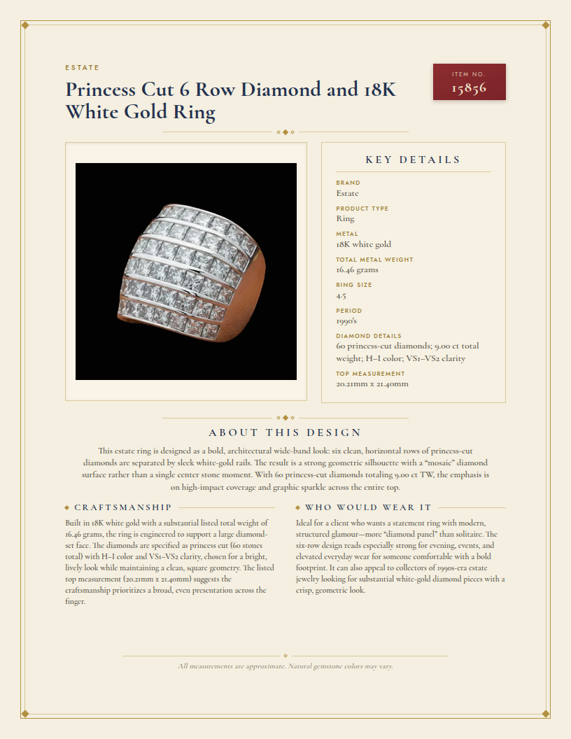 Princess Cut 6 Row Diamond and 18K White Gold Ring — anatomy card