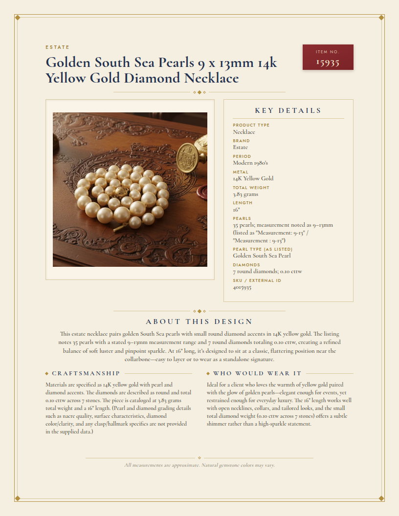 Golden South Sea Pearls 9 x 13mm 14k Yellow Gold Diamond Necklace — anatomy card