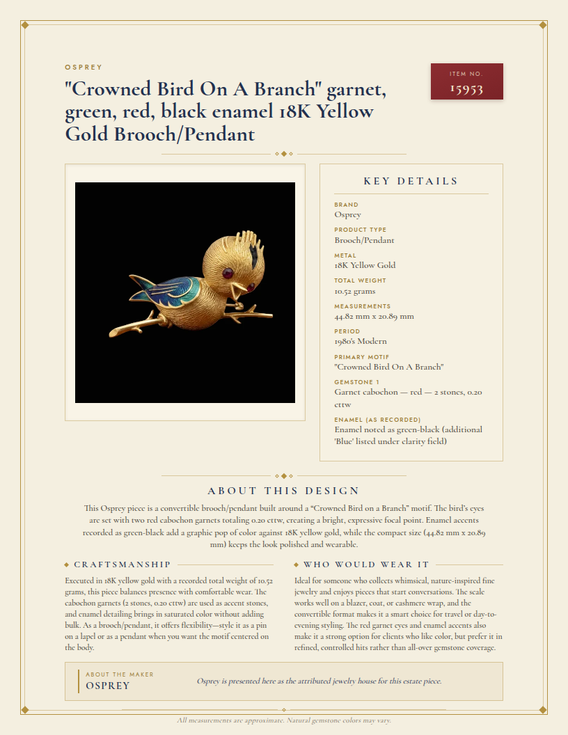 Osprey  "Crowned Bird On A Branch" garnet, green, red, black enamel 18K Yellow Gold Brooch/Pendant — anatomy card