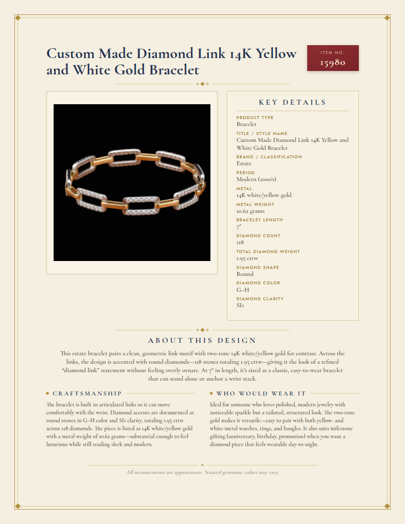 Custom Made Diamond Link 14K Yellow and White Gold Bracelet — anatomy card
