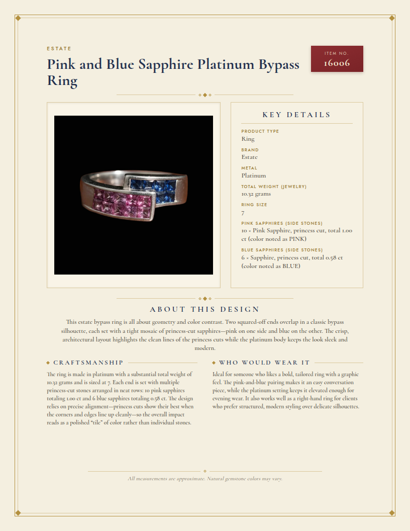Pink and Blue Sapphire Platinum Bypass Ring — anatomy card