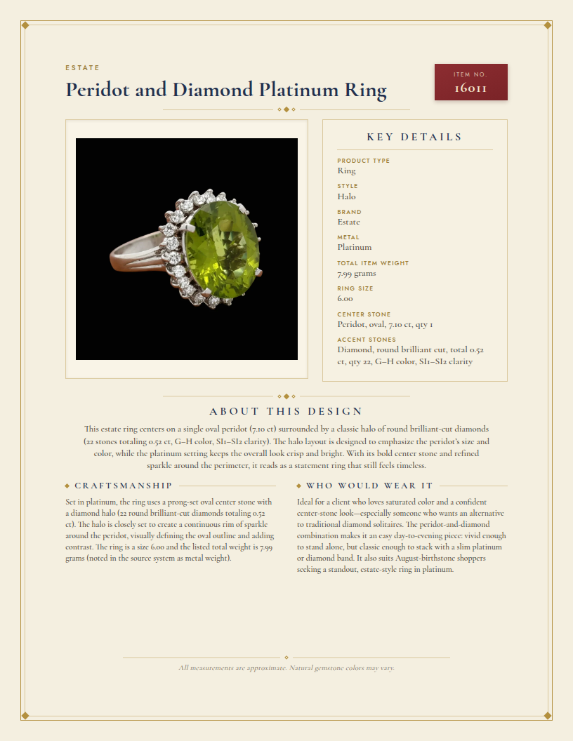 Peridot and Diamond Platinum Ring — anatomy card
