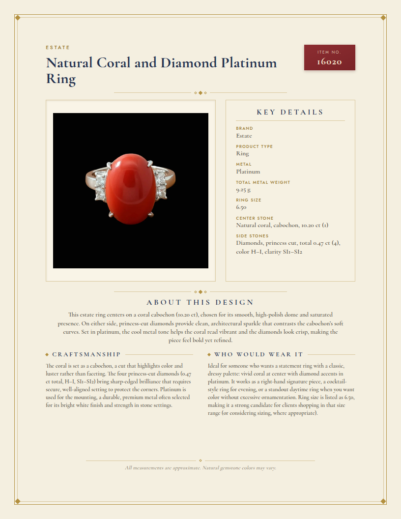 Natural Coral and Diamond Platinum Ring — anatomy card