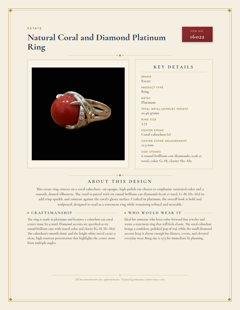 Natural Coral and Diamond Platinum Ring — anatomy card