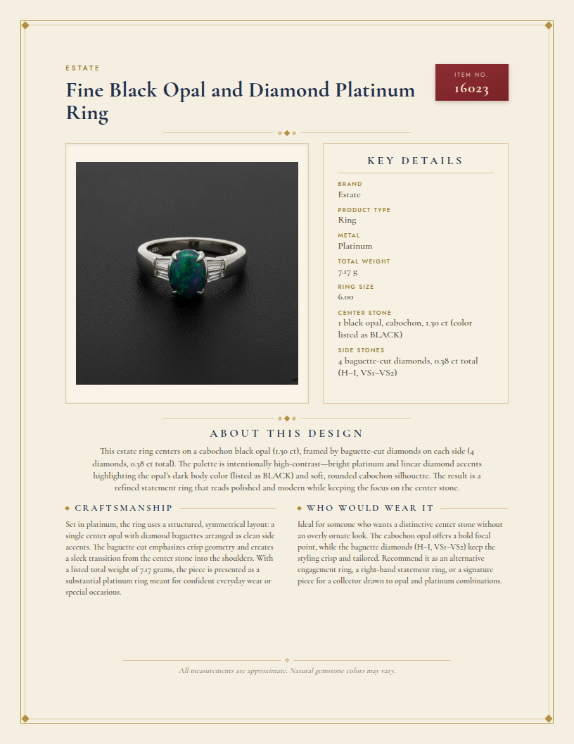 Fine Black Opal and Diamond Platinum Ring — anatomy card