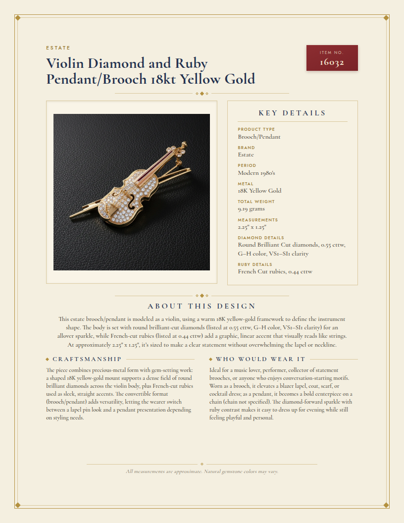Violin Diamond and Ruby Pendant/Brooch 18kt Yellow Gold — anatomy card