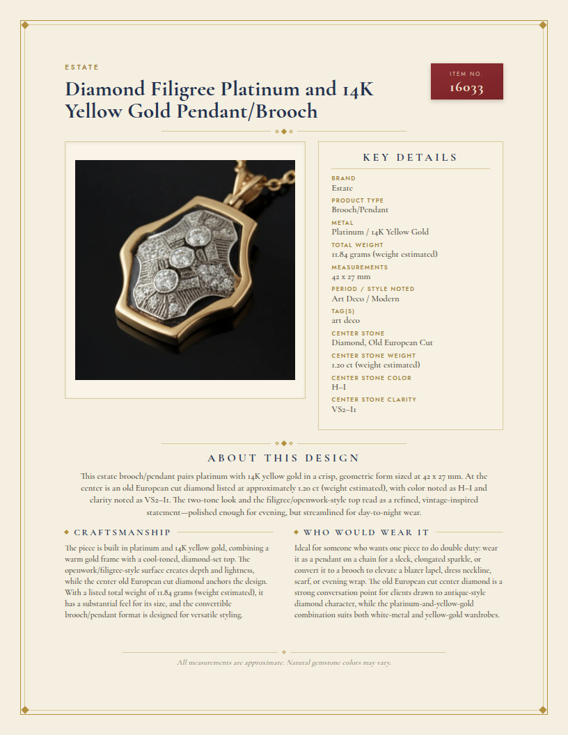 Diamond Filigree Platinum and 14K Yellow Gold Pendant/Brooch — anatomy card