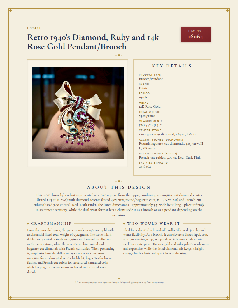 Retro 1940's Diamond, Ruby and 14k Rose Gold Pendant/Brooch — anatomy card