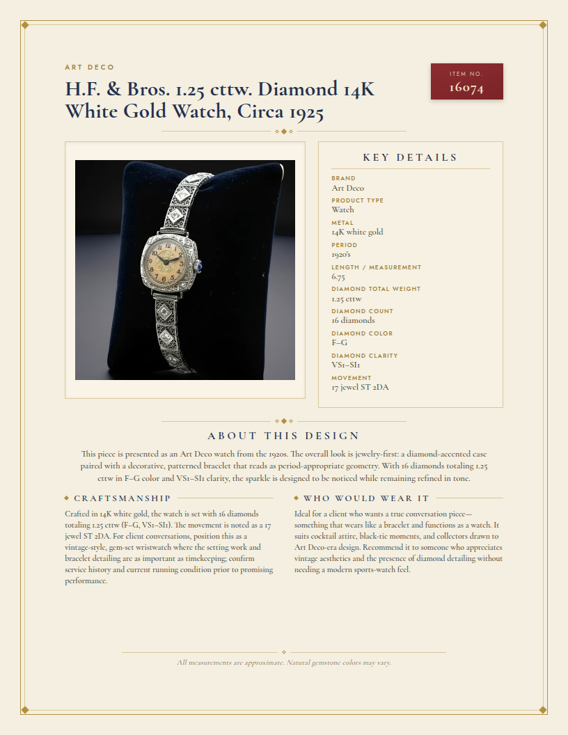 Art Deco  H.F. & Bros. 1.25 cttw. Diamond 14K White Gold Watch, Circa 1925 — anatomy card