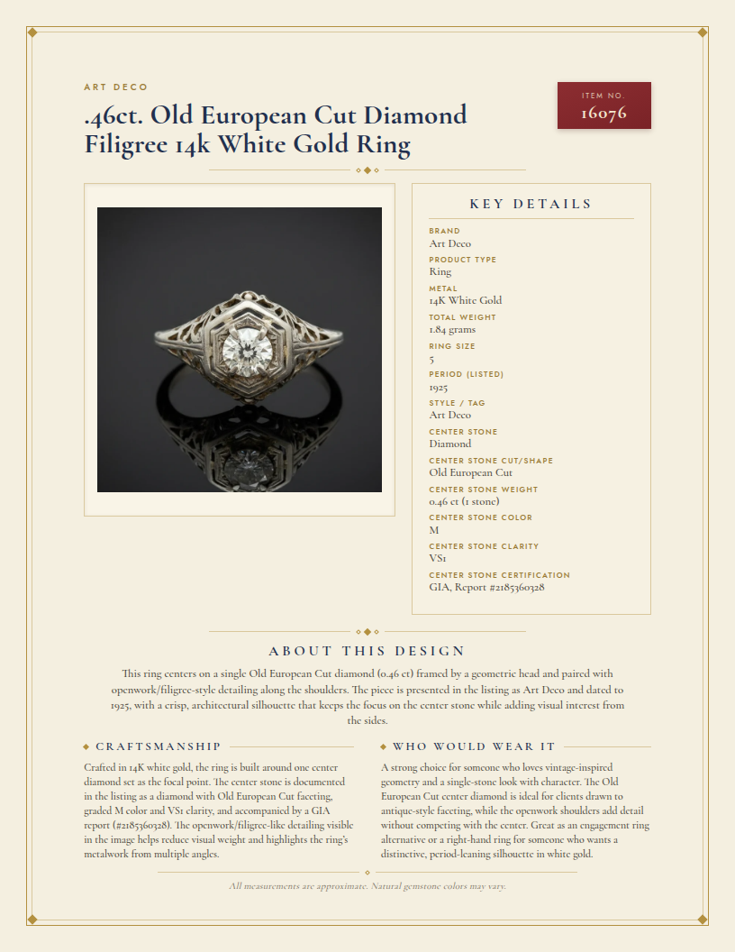 Art Deco .46ct. Old European Cut Diamond Filigree 14k White Gold Ring — anatomy card