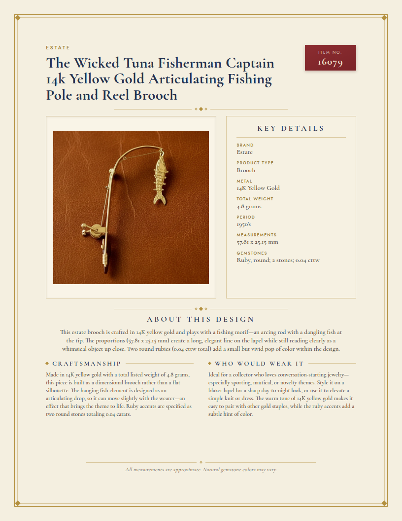 The Wicked Tuna Fisherman Captain 14k Yellow Gold Articulating Fishing Pole and Reel Brooch — anatomy card