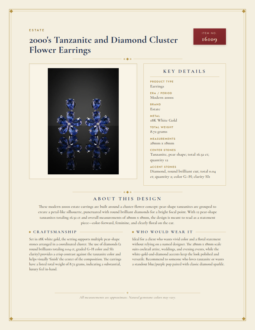 2000's Tanzanite and Diamond Cluster Flower Earrings — anatomy card