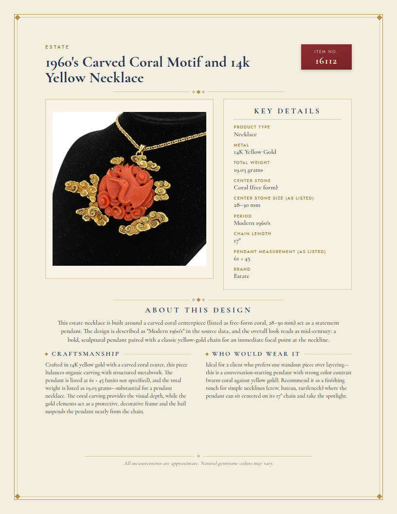1960's Carved Coral Motif and 14k Yellow Necklace — anatomy card
