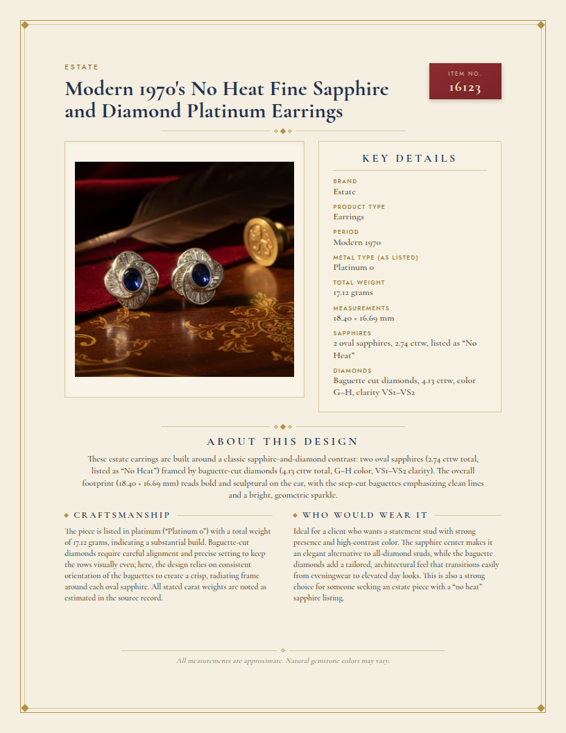 Modern 1970's No Heat Fine Sapphire and Diamond Platinum Earrings — anatomy card