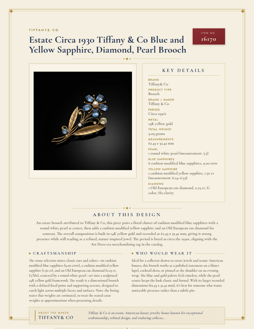 Estate Circa 1930 Tiffany & Co Blue and Yellow Sapphire, Diamond, Pearl Brooch — anatomy card
