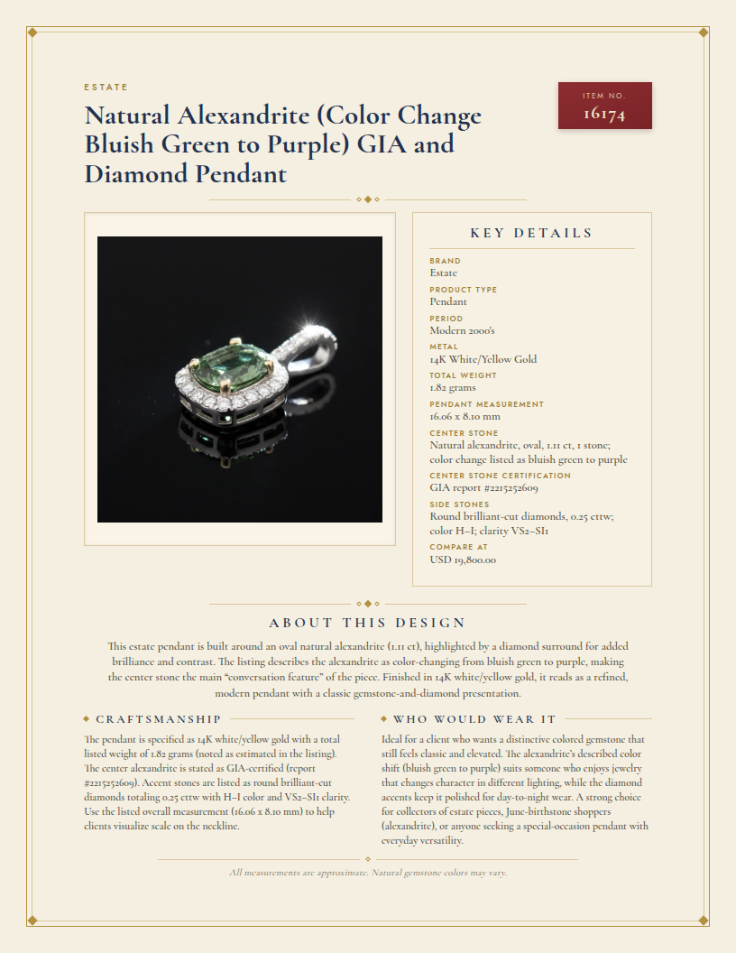 Natural Alexandrite (Color Change Bluish Green to Purple) GIA and Diamond Pendant — anatomy card
