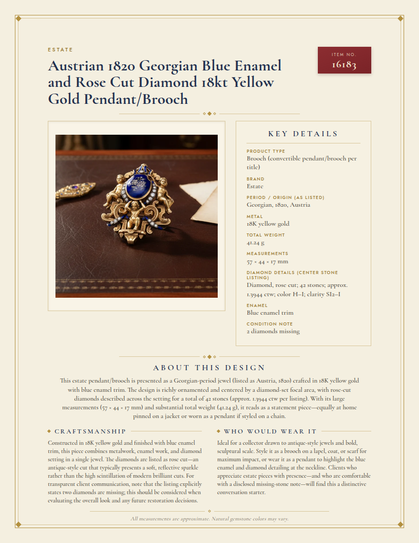 Austrian 1820 Georgian Blue Enamel and Rose Cut Diamond 18kt Yellow Gold Pendant/Brooch — anatomy card