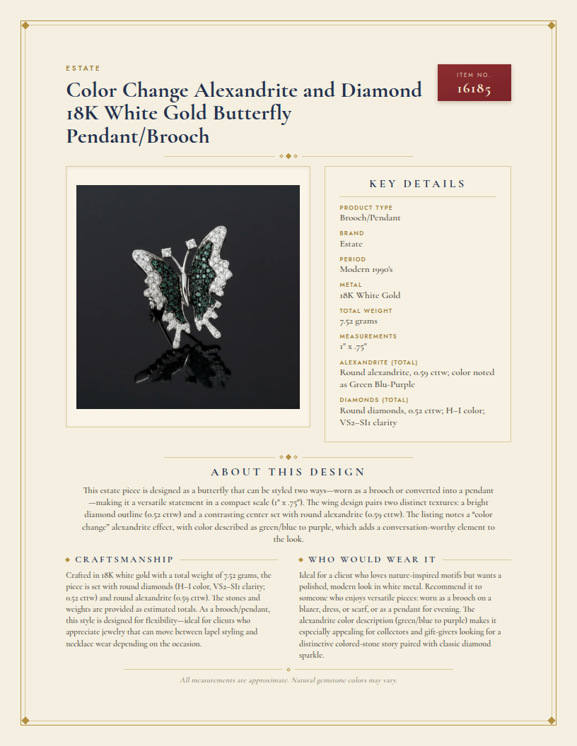 Color Change Alexandrite and Diamond 18K White Gold Butterfly Pendant/Brooch — anatomy card