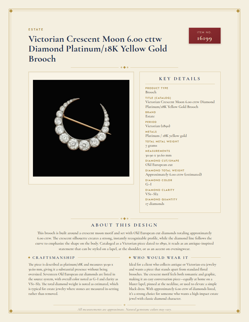 Victorian Crescent Moon 6.00 cttw Diamond Platinum/18K Yellow Gold Brooch — anatomy card