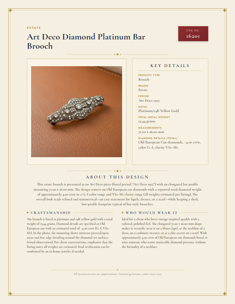 Art Deco Diamond Platinum Bar Brooch — anatomy card