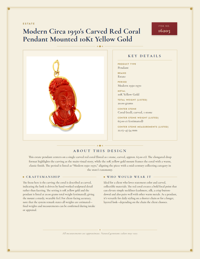 Modern Circa 1950's Carved Red Coral Pendant Mounted 10Kt Yellow Gold — anatomy card