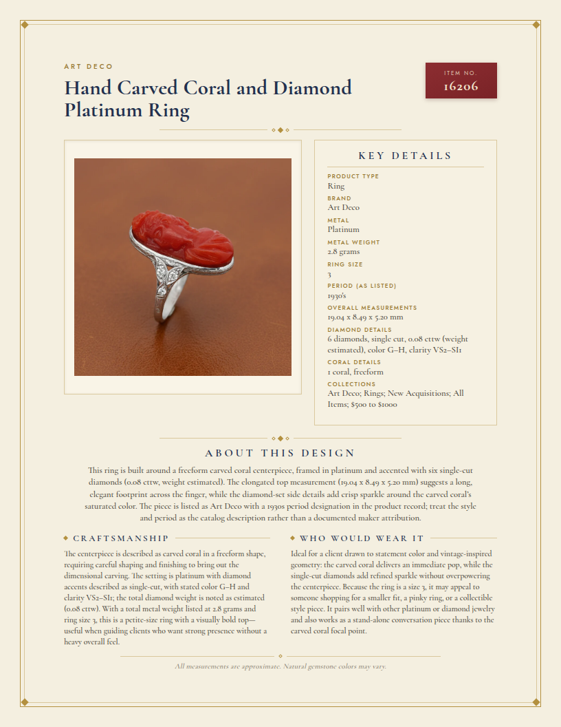 Art Deco Hand Carved Coral and Diamond Platinum Ring — anatomy card