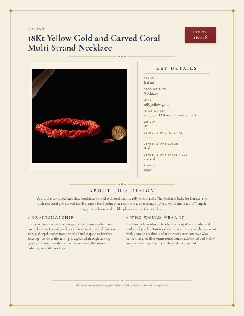 18Kt Yellow Gold and Carved Coral Multi Strand Necklace — anatomy card
