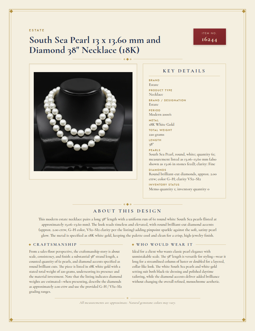 Estate South Sea Pearl 13 x 13.60 mm and Diamond 38" Necklace (18K) — anatomy card