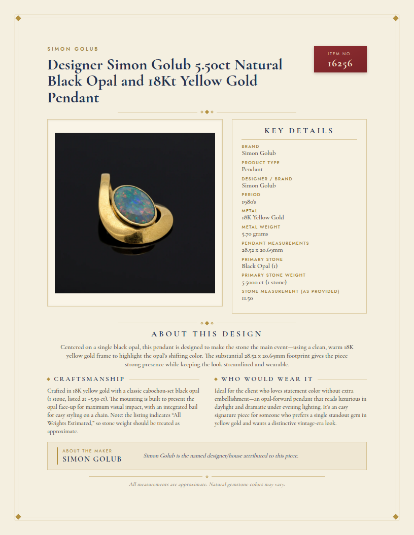 Designer Simon Golub 5.50ct Natural Black Opal and 18Kt Yellow Gold Pendant — anatomy card