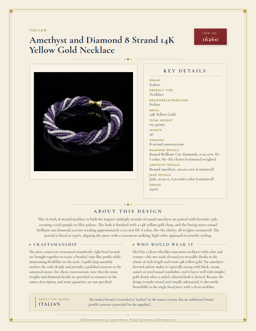 Amethyst and Diamond 8 Strand 14K Yellow Gold Necklace — anatomy card