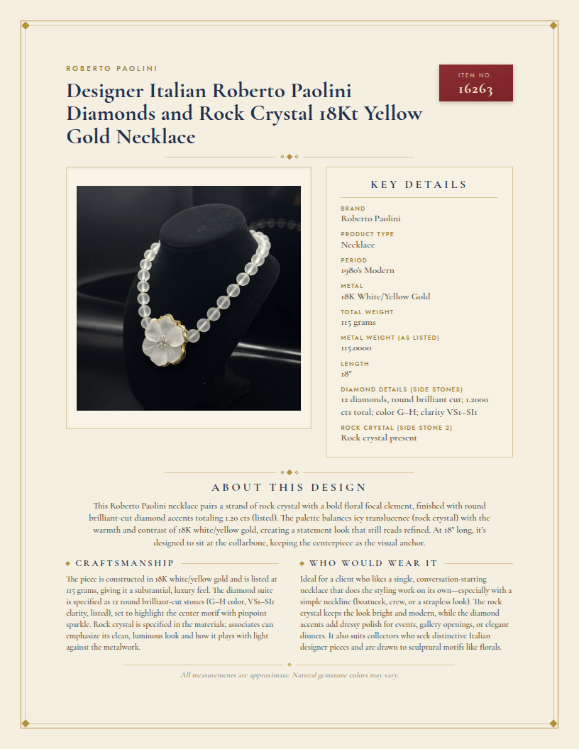 Designer Italian Roberto Paolini Diamonds and Rock Crystal 18Kt Yellow Gold Necklace — anatomy card