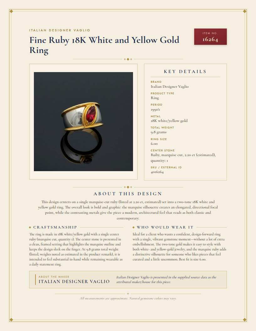 Italian Designer Vaglio Fine Ruby 18K White and Yellow Gold Ring — anatomy card
