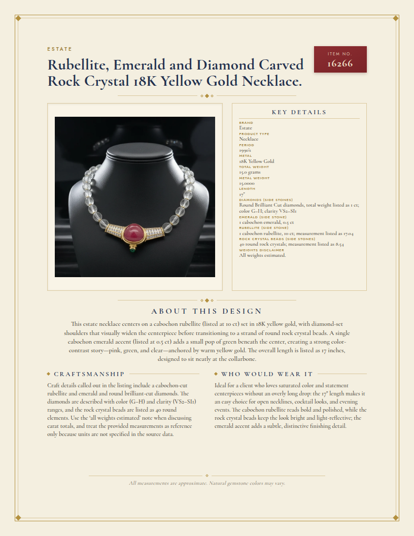 Rubellite, Emerald and Diamond Carved Rock Crystal 18K Yellow Gold Necklace. — anatomy card