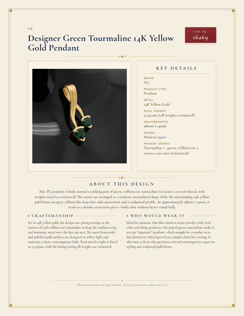 Designer Green Tourmaline 14K Yellow Gold Pendant — anatomy card