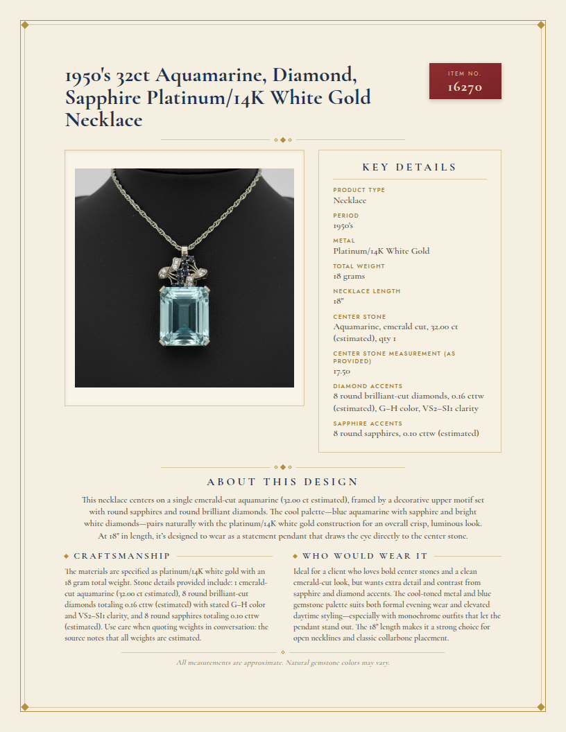 1950's 32ct Aquamarine, Diamond, Sapphire Platinum/14K White Gold Necklace — anatomy card