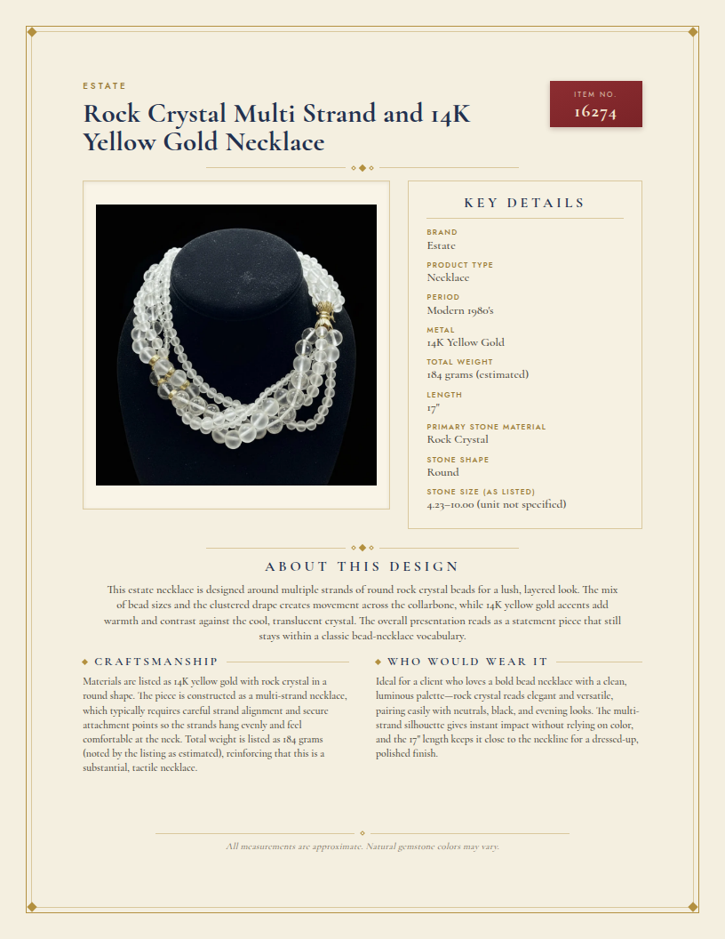 Rock Crystal Multi Strand and 14K Yellow Gold Necklace — anatomy card